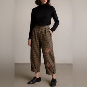 Savanna 114 Houndstooth Avant Garde Cropped Pants, Visible Mending, Pearl Detail